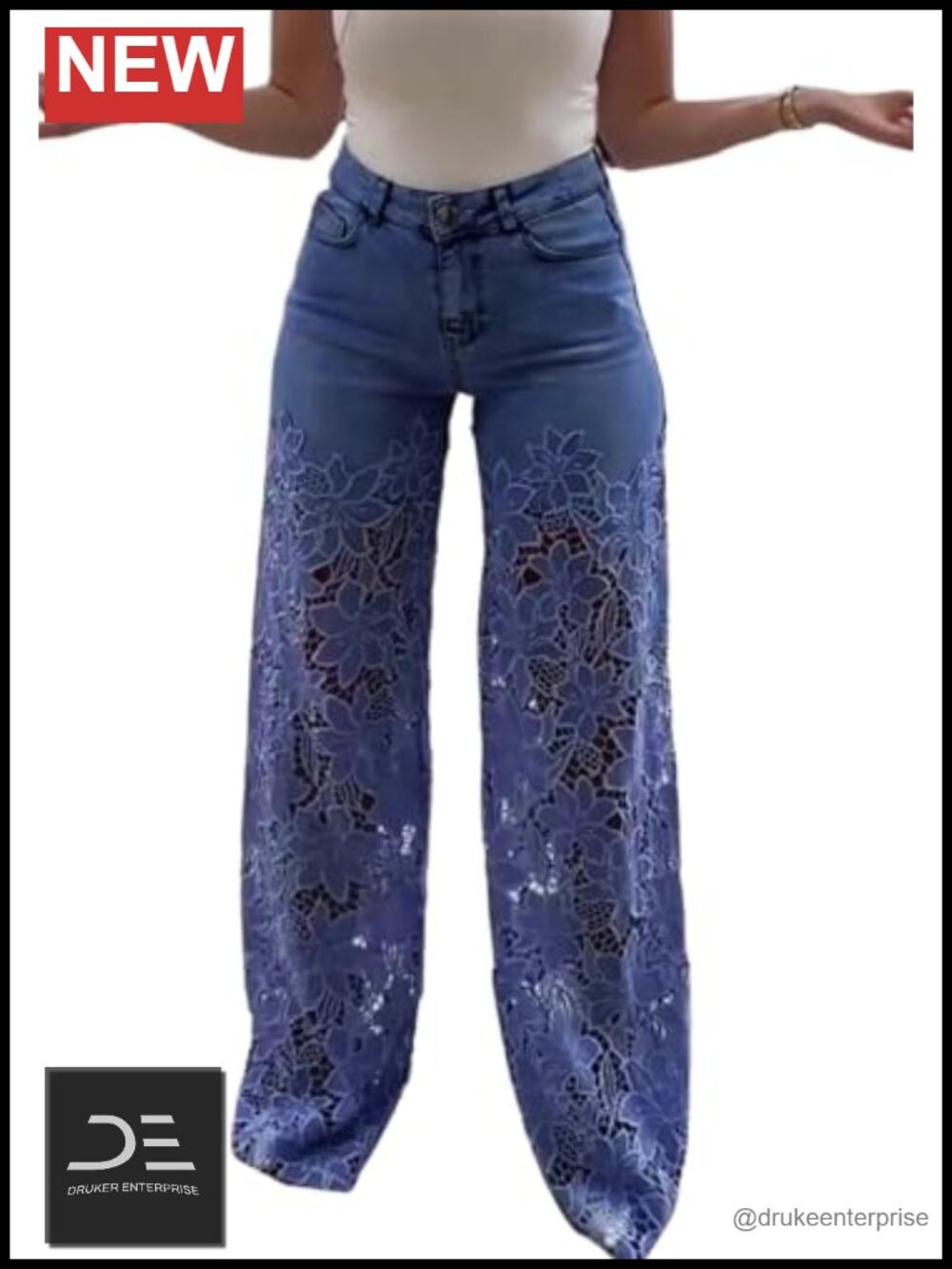 Women's Lace Floral Jeans Embellished Hollow Out Mid Rise Straight Leg Denim